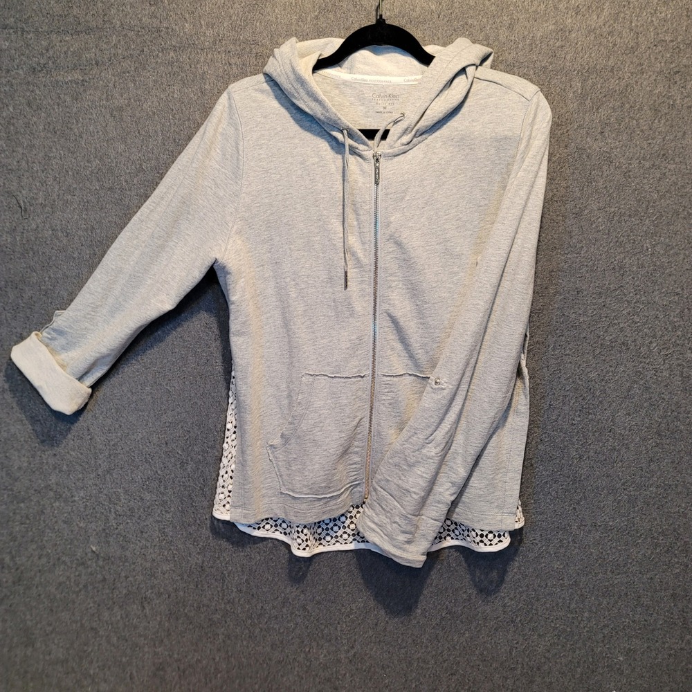 Calvin Klein Performance Gray Lace Trim Hoodie Zip Front Casual Comfort Womens M
